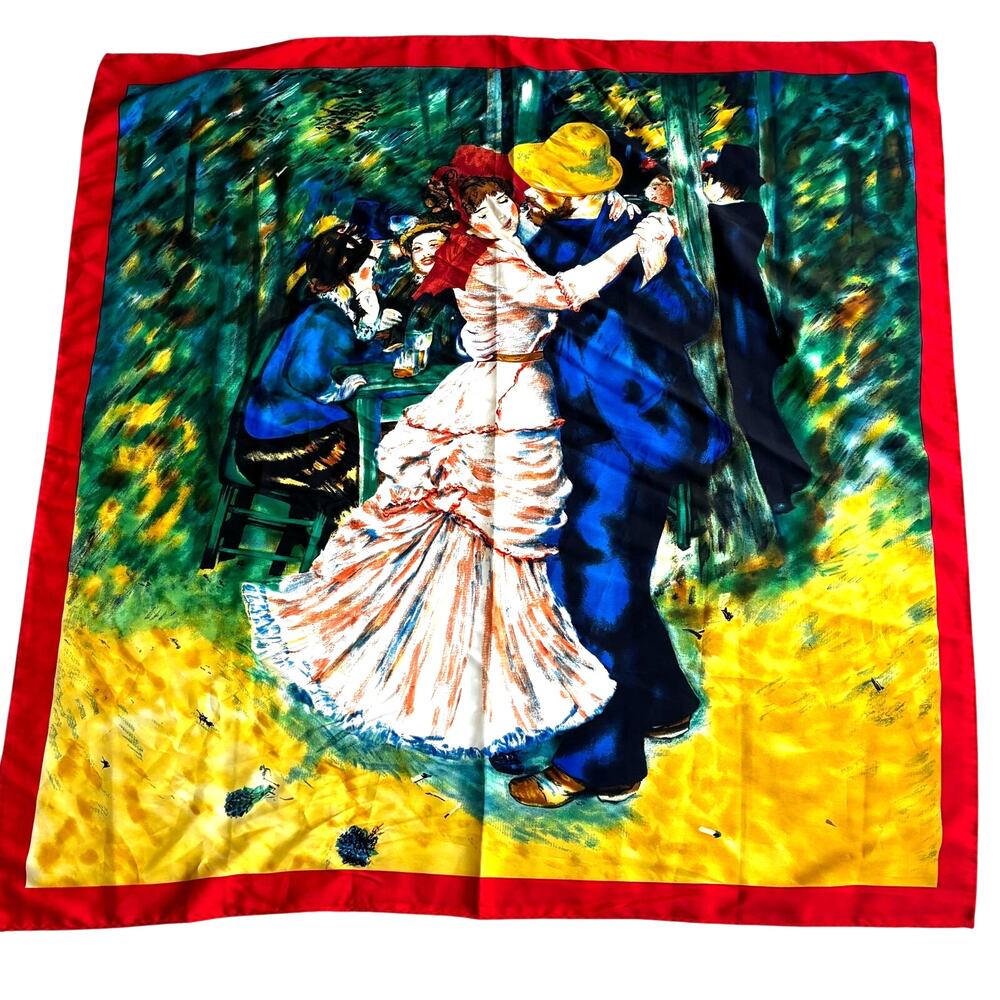 Silky feel scarf multicolor art to wear blue red yellow green dancing couple